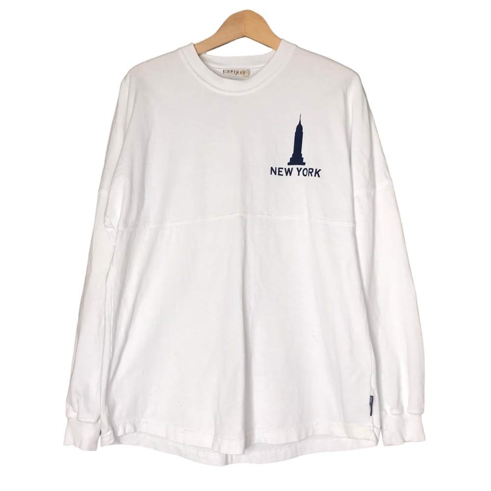 Empire State Building NYC Spirit Jersey Long Sleeve Top Shirt Cotton White Blue